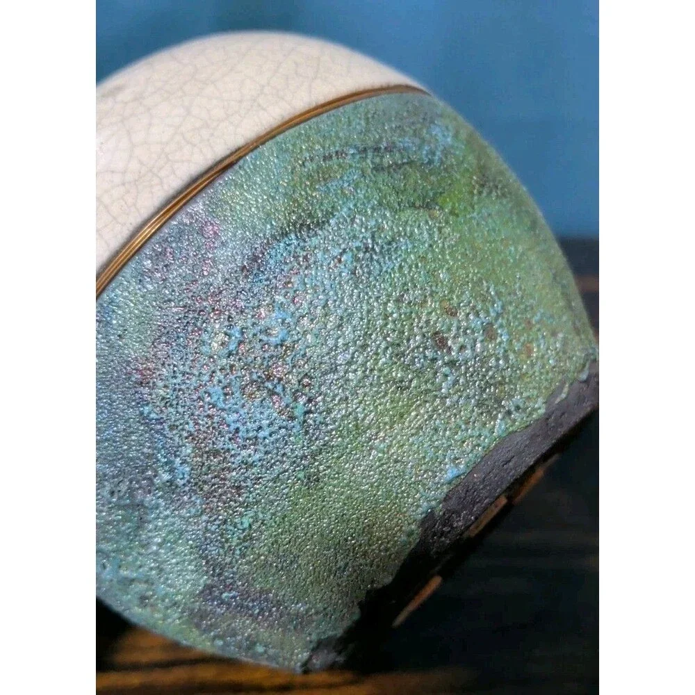 Raku Pottery Round Vase Turquoise Textured Bottom Artist Signed 80s Vintage